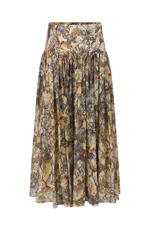 INTO THE EAST 2025 Autumn/Winter Mosaic Print Silk-Cotton Top / Wide Waist Pleated Silk-Cotton Skirt ITE-E1DGAW084NCC21SK-HUA Skirt (ITE-E1DGAW079NCC21TP)